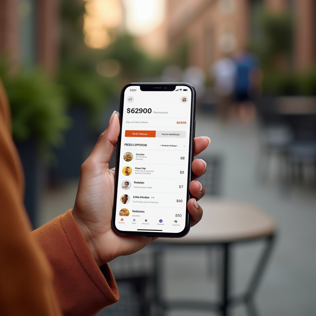 Mobile phone held by a business professional showing expense tracking app interface with categorised transactions and receipt attachments in a clean modern UI