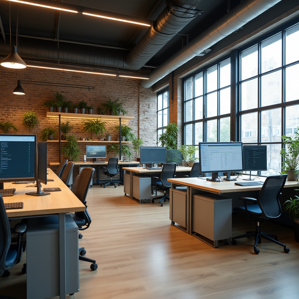 Interior of Mikilyuto Sheffield office showing modern open-plan workspace with natural light, standing desks, and large monitors displaying bookkeeping software