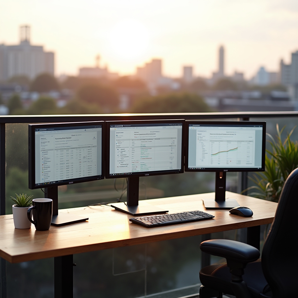 Clean modern workspace with multiple screens displaying the Mikilyuto bookkeeping platform, showing categorised invoices and expense summaries