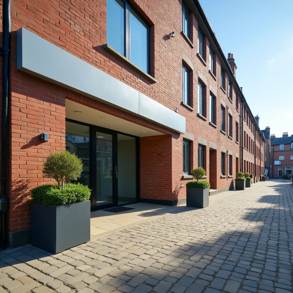 Exterior entrance of Sheffield office building on Whitehouse Lane, modern brick facade with professional signage, daytime shot with clear blue sky