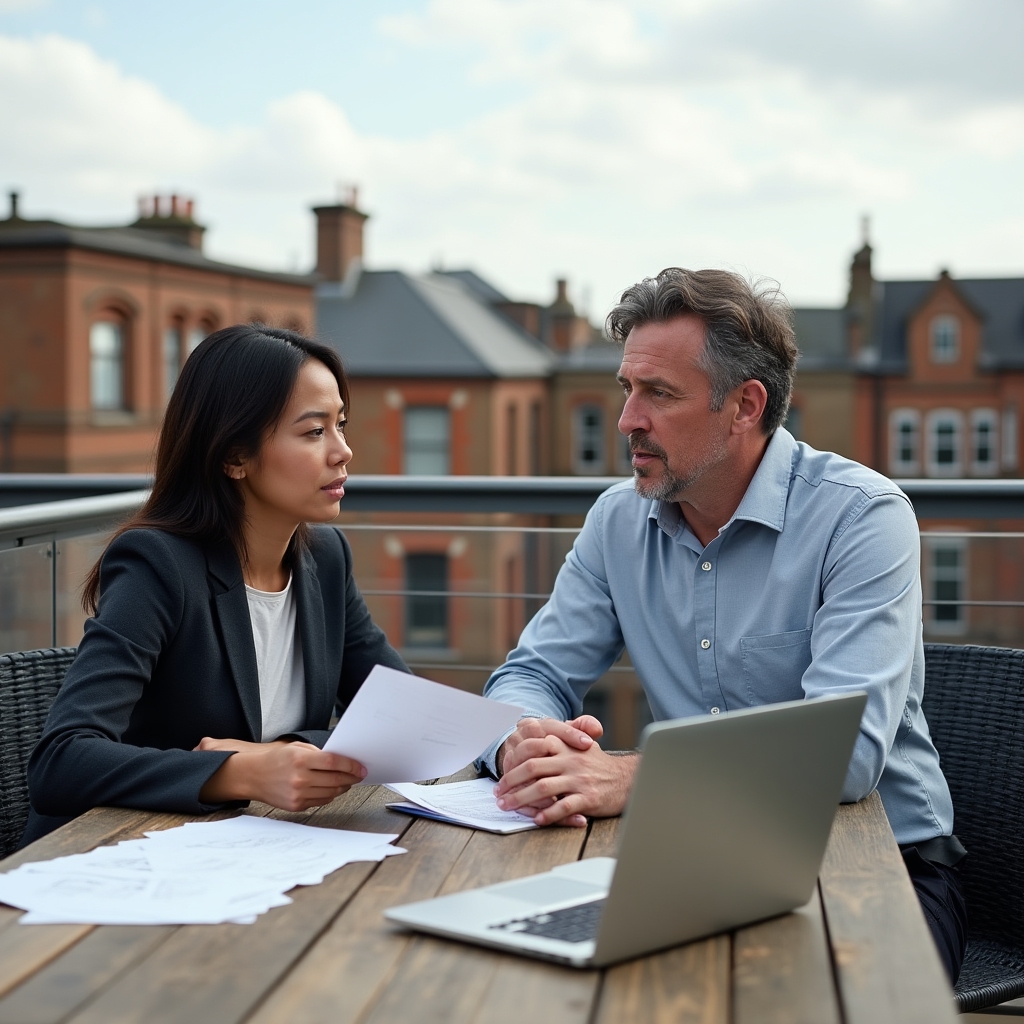 Professional team working on an outdoor rooftop terrace with Sheffield urban landscape in background, laptops open, discussing bookkeeping software in natural daylight