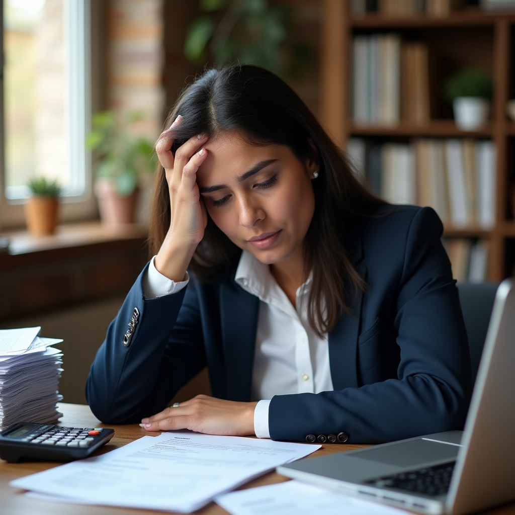 Small business owner surrounded by invoices and receipts at a desk, looking overwhelmed by manual bookkeeping tasks