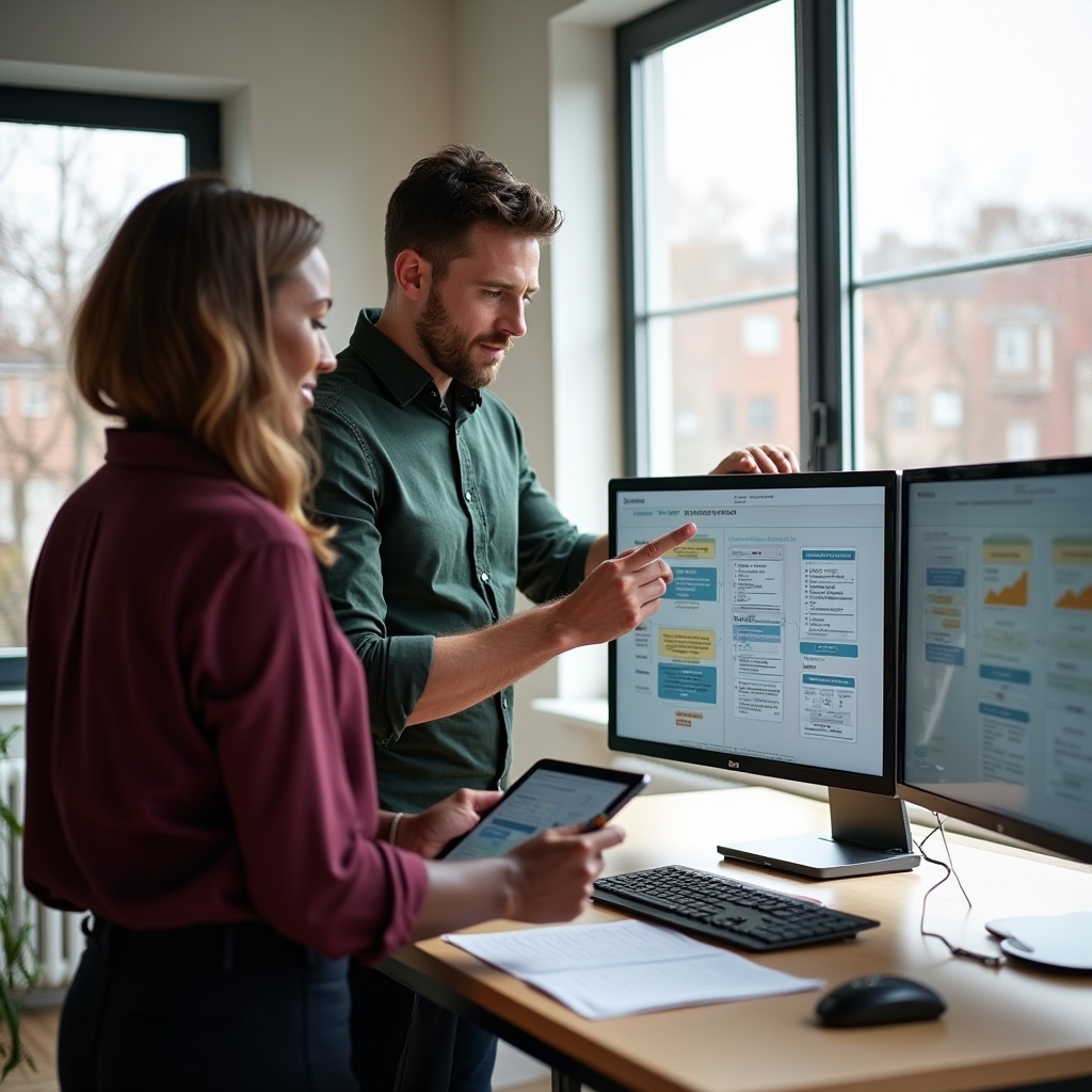 Two team members in their mid-thirties collaborating at a standing desk, reviewing bookkeeping automation workflows on dual screens in a bright modern office