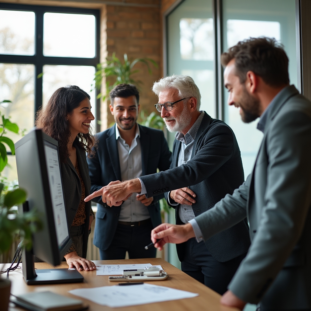 Cross-generational team of four professionals working collaboratively in a modern Sheffield office with large windows overlooking urban Sheffield skyline